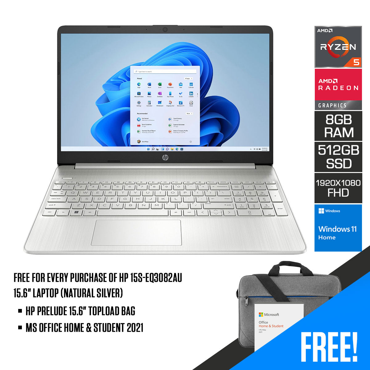 HP 15S-EQ3082AU 15.6" Laptop (Natural Silver) | FHD (1920x1080) | Ryzen 5 5625U | 8GB RAM | 512 GB SSD | AMD Radeon Graphics | MS Office Home & Student 2021 | HP Prelude 15.6" Topload Bag