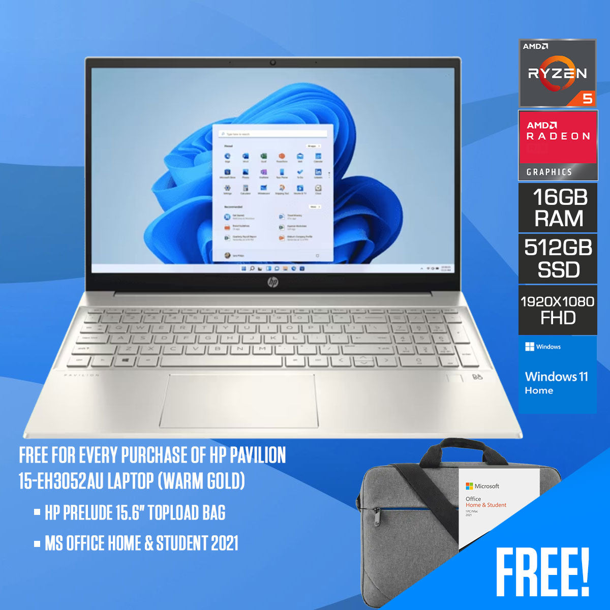 HP Pavilion 15-EH3052AU Laptop (Warm Gold) | 15.6" FHD (1920X1080) | R5 7530U | 16GB RAM | 512GB SSD | AMD Radeon Graphics | Windows 11 Home | MS Office Home & Student 2021 | HP Prelude 15.6" Topload Bag