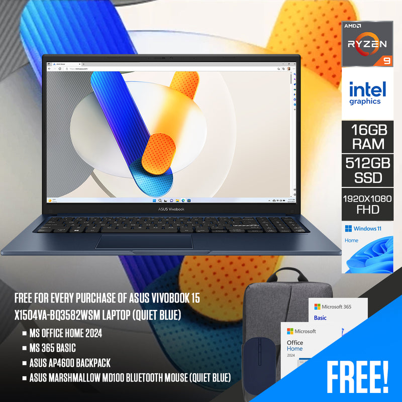 Asus Vivobook 15 X1504VA-BQ3582WSM Laptop (Quiet Blue) | 15.6" FHD (1920x1080) IPS 60Hz | Core 5-120U | 16GB RAM | 512GB SSD | Intel Graphics (Shared) | Win11 Home | MS Office Home 2024 + MS 365 Basic + Asus Backpack + Asus Bluetooth Mouse (Quiet Blue)