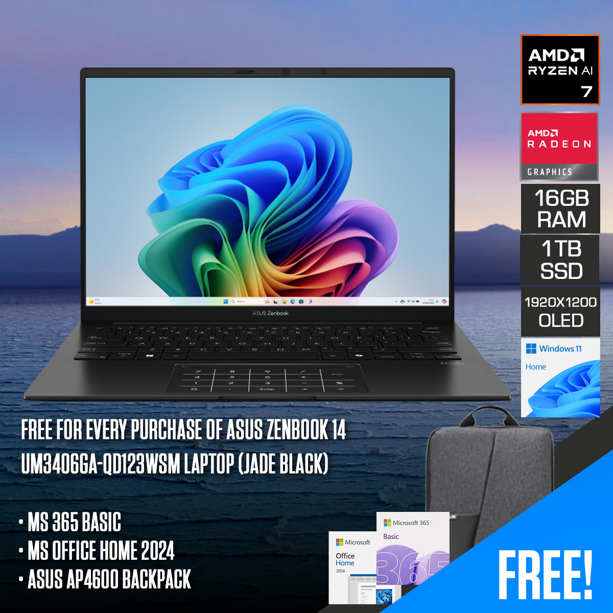 ASUS Zenbook 14 UM3406GA-QD123WSM Laptop (Jade Black) | 14" WUXGA (1920x1200) OLED | Ryzen AI 7 445 | 16GB RAM | 1TB SSD | AMD Radeon Graphics | Windows 11 Home | MS Office Home 2024 + MS 365 Basic + ASUS AP4600 Backpack