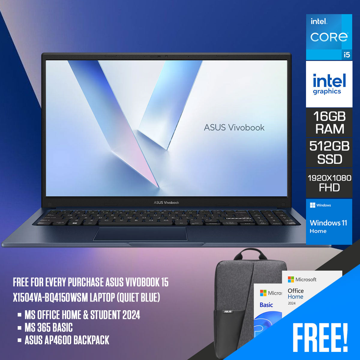 ASUS Vivobook 15 X1504VA-BQ4150WSM Laptop (Quiet Blue)