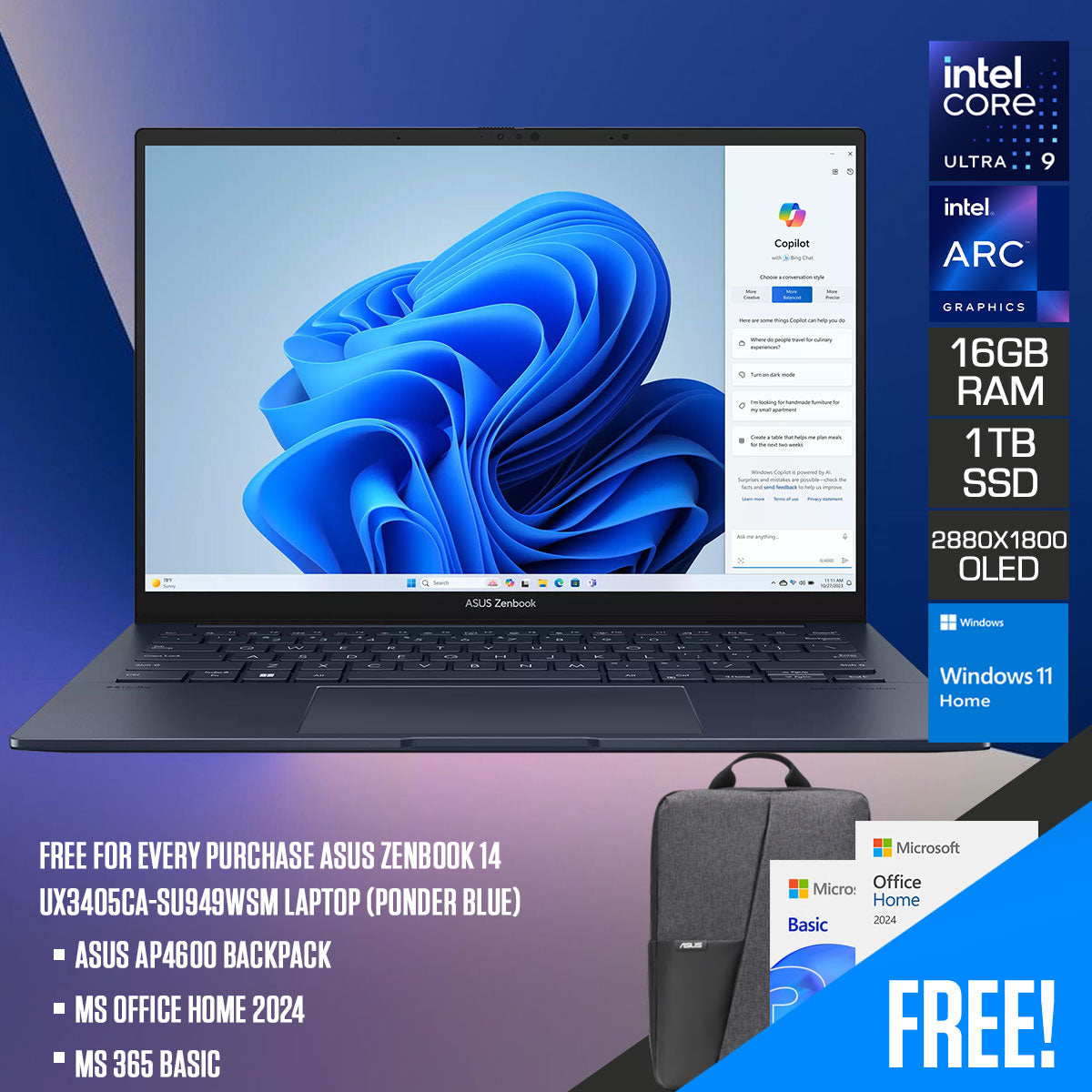 ASUS Zenbook 14 UX3405CA-SU949WSM Laptop (Ponder Blue)