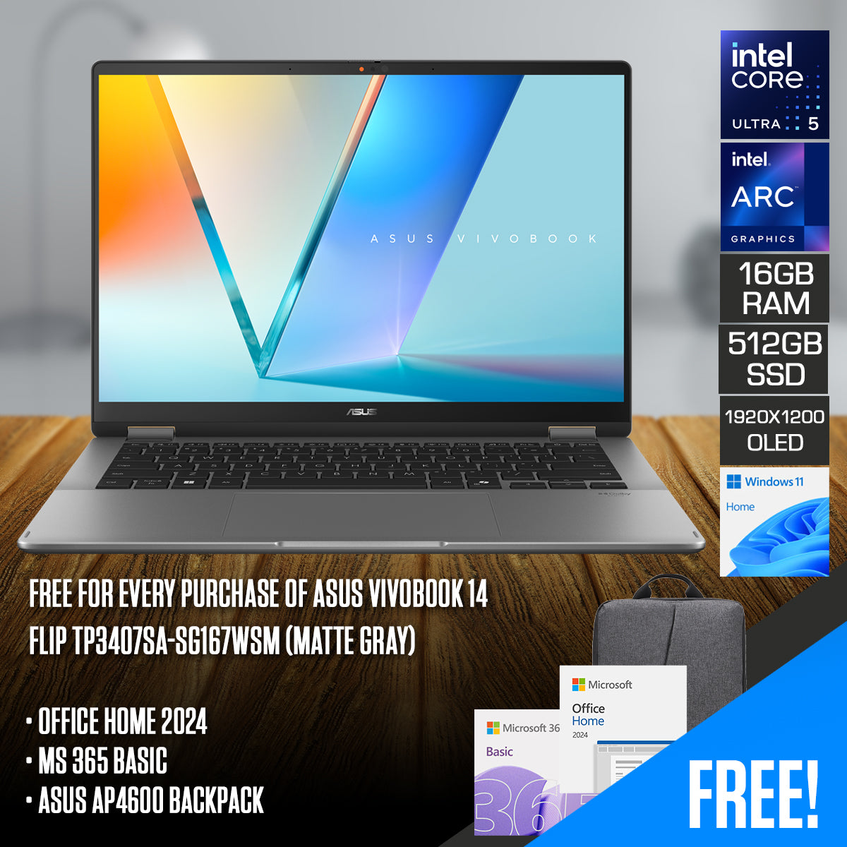 ASUS Vivobook 14 Flip TP3407SA-SG167WSM Laptop (Matte Gray)