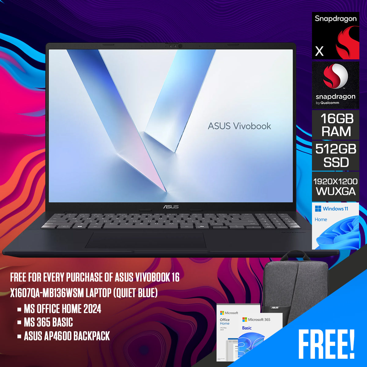 ASUS Vivobook 16 X1607QA-MB136WSM Laptop (Quiet Blue)