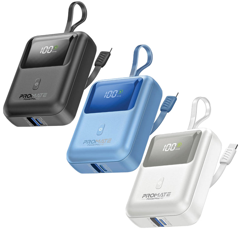Promate Powerpod-10 10000mAh Ultra Compact 35W Superspeed Power Bank With Built-In USB-C Cable 