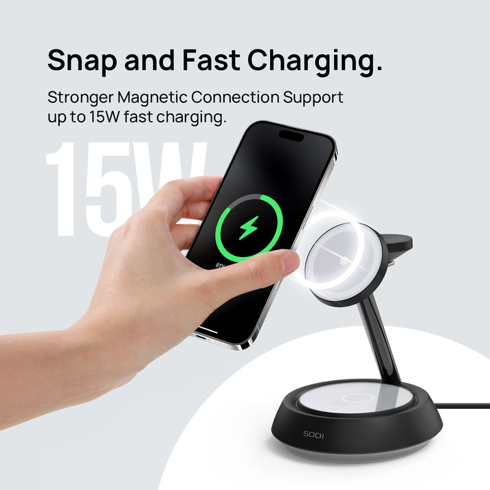 SODI T3 3-in-1 Magnetic 15W Wireless Charging Station for Apple Devices Night Light (Black, White)