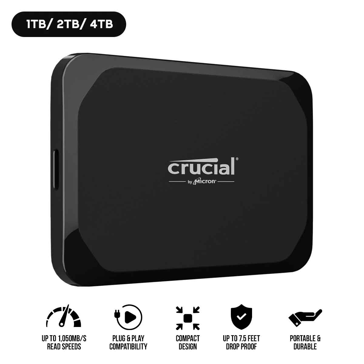 Crucial X9 USB 3.2 Gen-2 (10Gb/s) 1050MB/s Read Type-C Portable SSD (1TB, 2TB, 4TB)