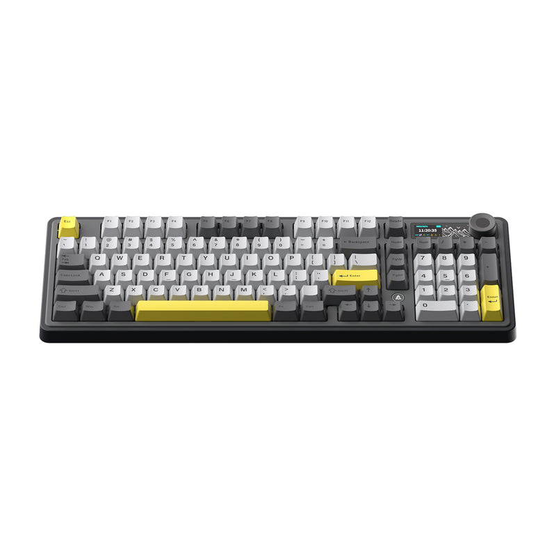 Ajazz AK980 RGB Tri-Mode 98% 97-Keys Gasket-Mounted Hot-Swappable Mechanical Keyboard with 1.14" TFT Display Screen & Knob (Black/Grey/Yellow) 