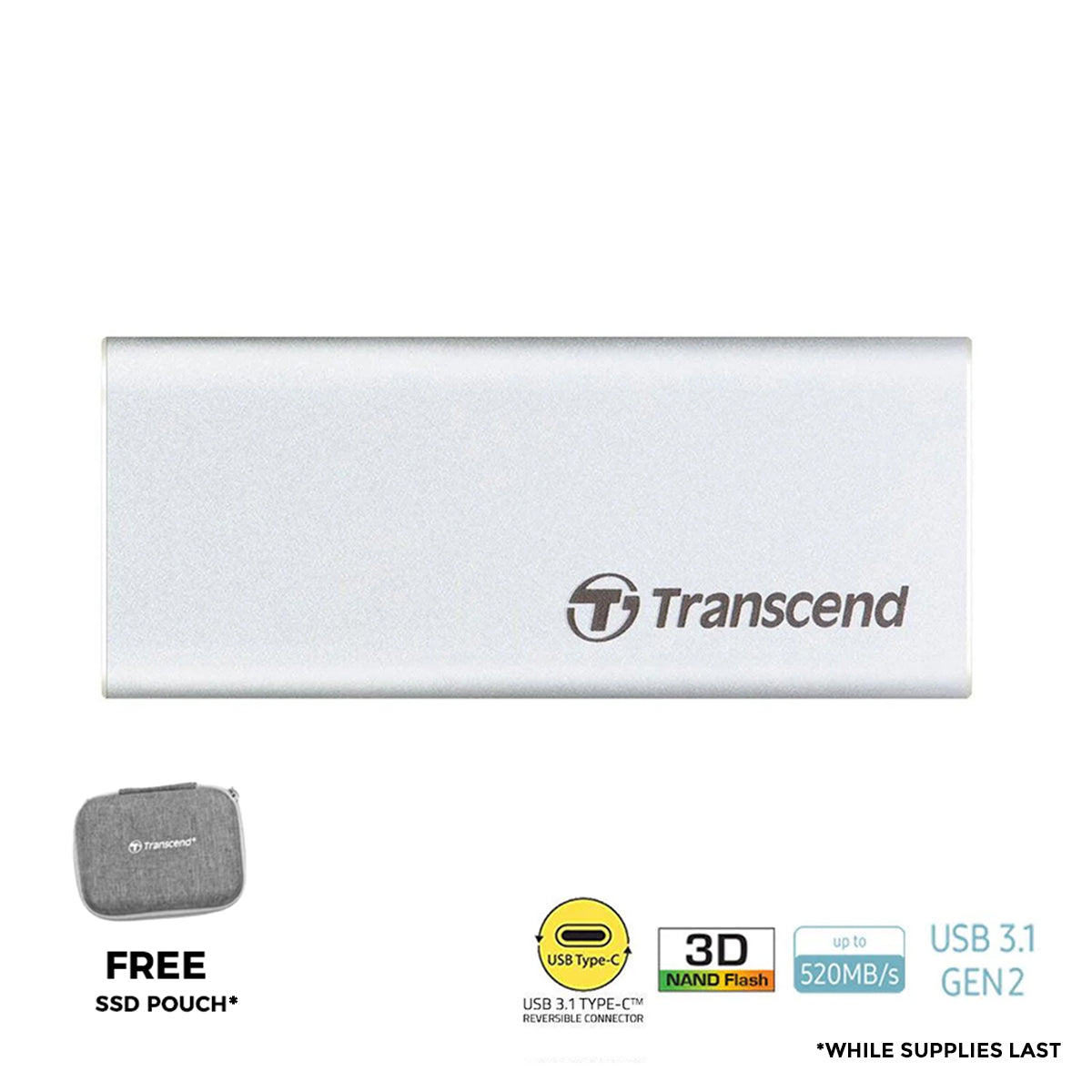 Transcend 500GB ESD260C USB 3.1 Gen 2 Type-C Portable SSD (Silver) (TS500GESD260C)