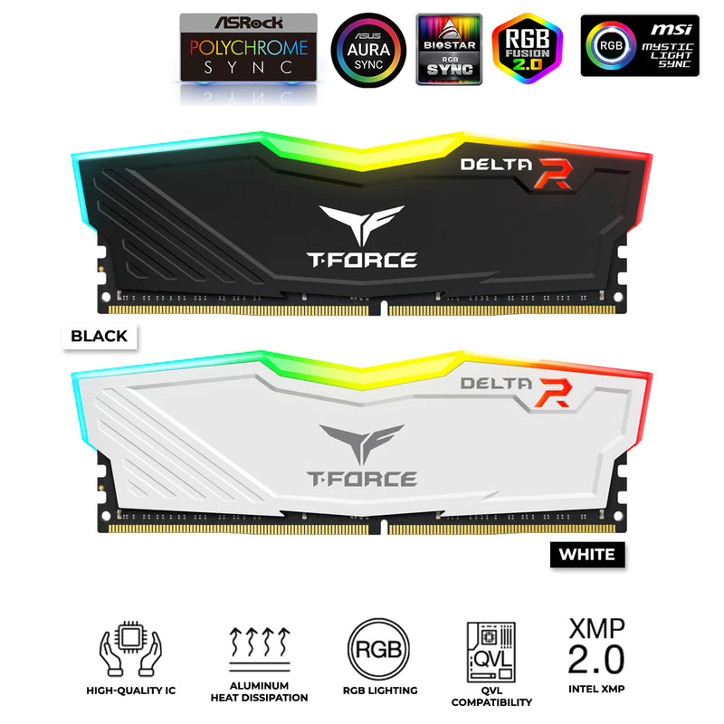 TeamGroup T-Force Delta RGB DDR4 16GB (1x16GB) 3600MHz CL18-22-22-42 1.35V Gaming Desktop Memory (Black, White)