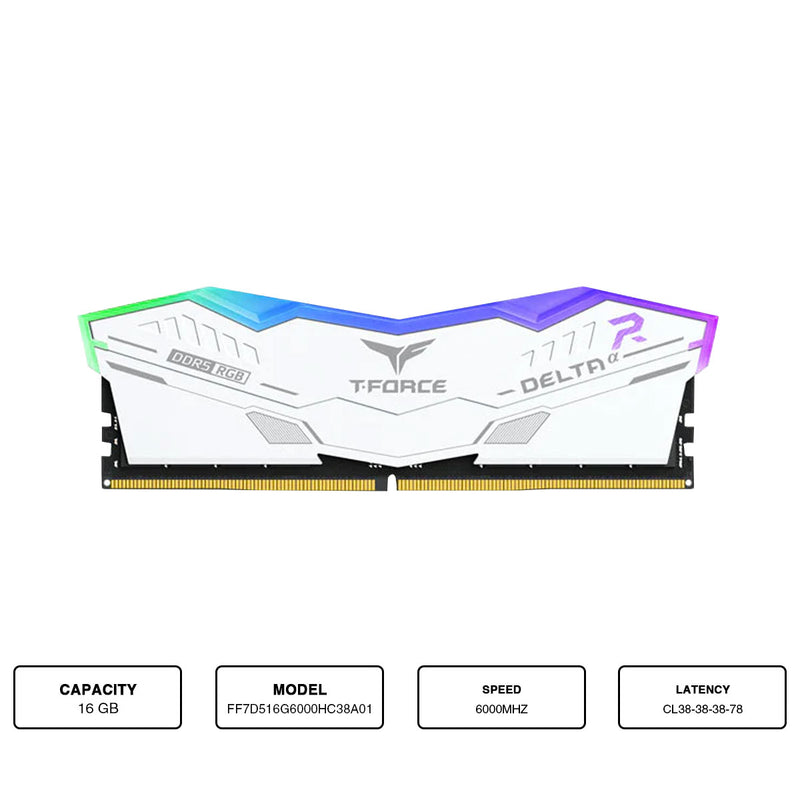 Teamgroup T-Force Delta A RGB 16GB (1x16GB) DDR5 AMD Expo 6000MHz CL38-38-38-78 1.25V Gaming Desktop Memory (White) (FF8D516G6000HC38A01)
