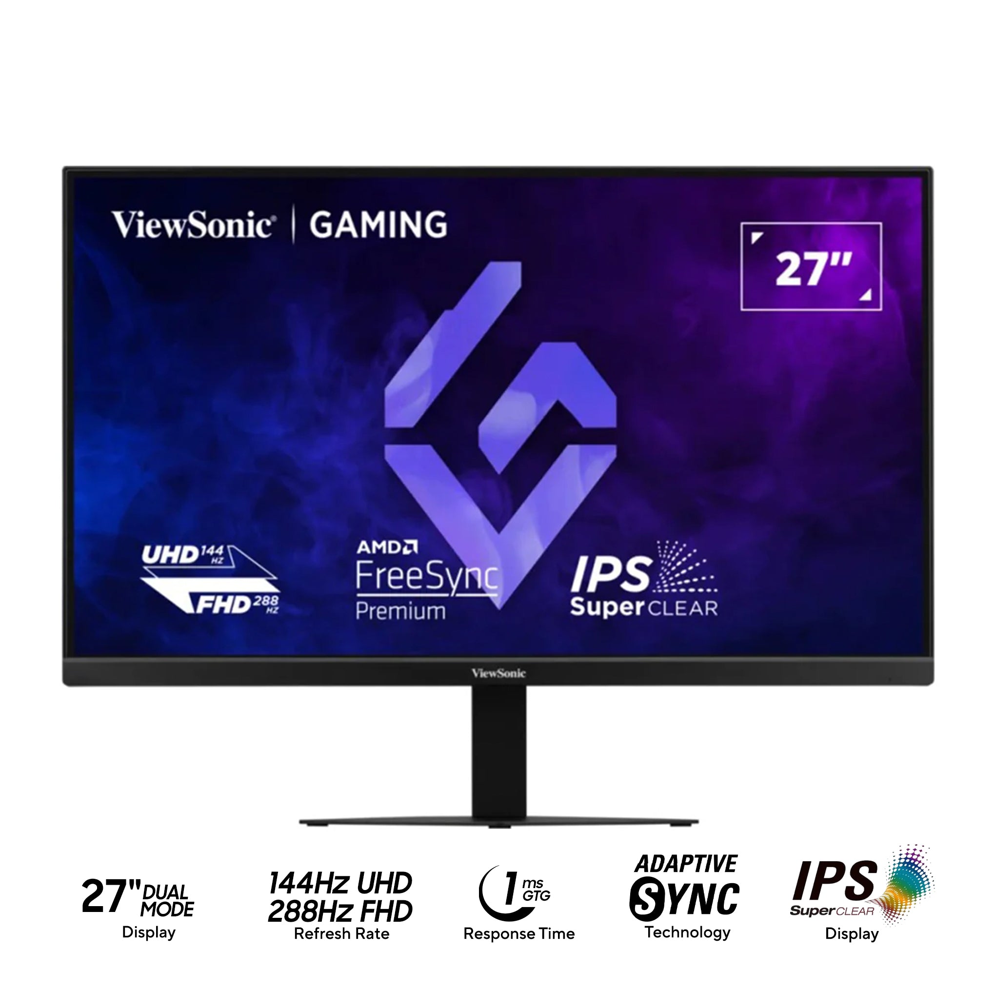 ViewSonic XG2730D-4K 27" Dual Mode UHD 144Hz/ FHD 288Hz 1ms MPRT SuperClear IPS Esports Gaming Monitor with Height/ Tilt/ Pivot Adjustment