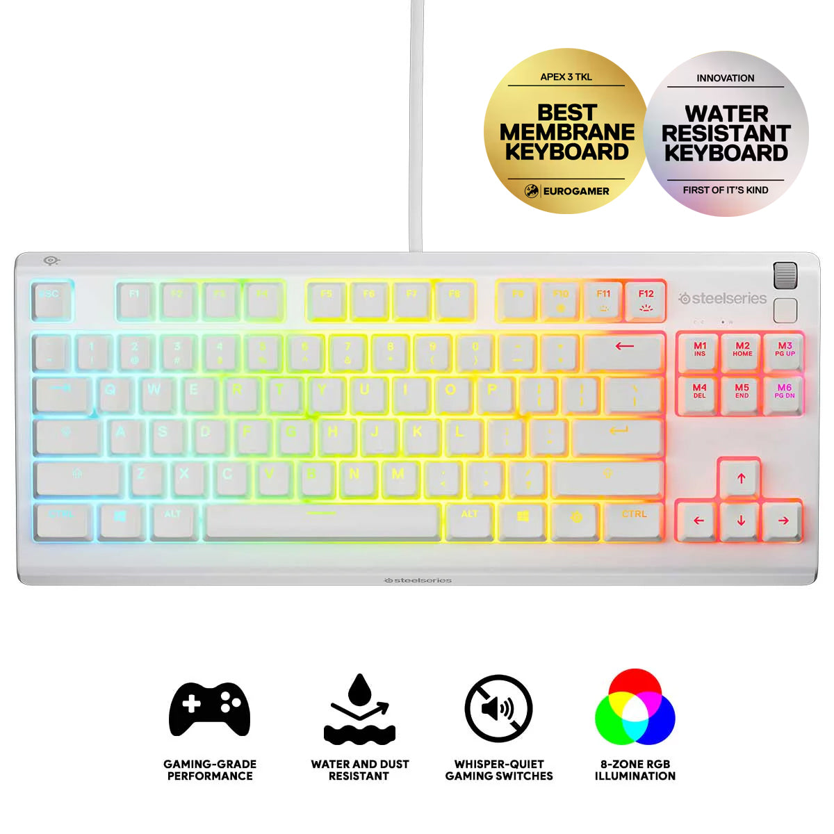SteelSeries Apex 3 TKL RGB Water & Dust Resistant Whisper Quiet Switches Gaming Keyboard (White) (PN64819)