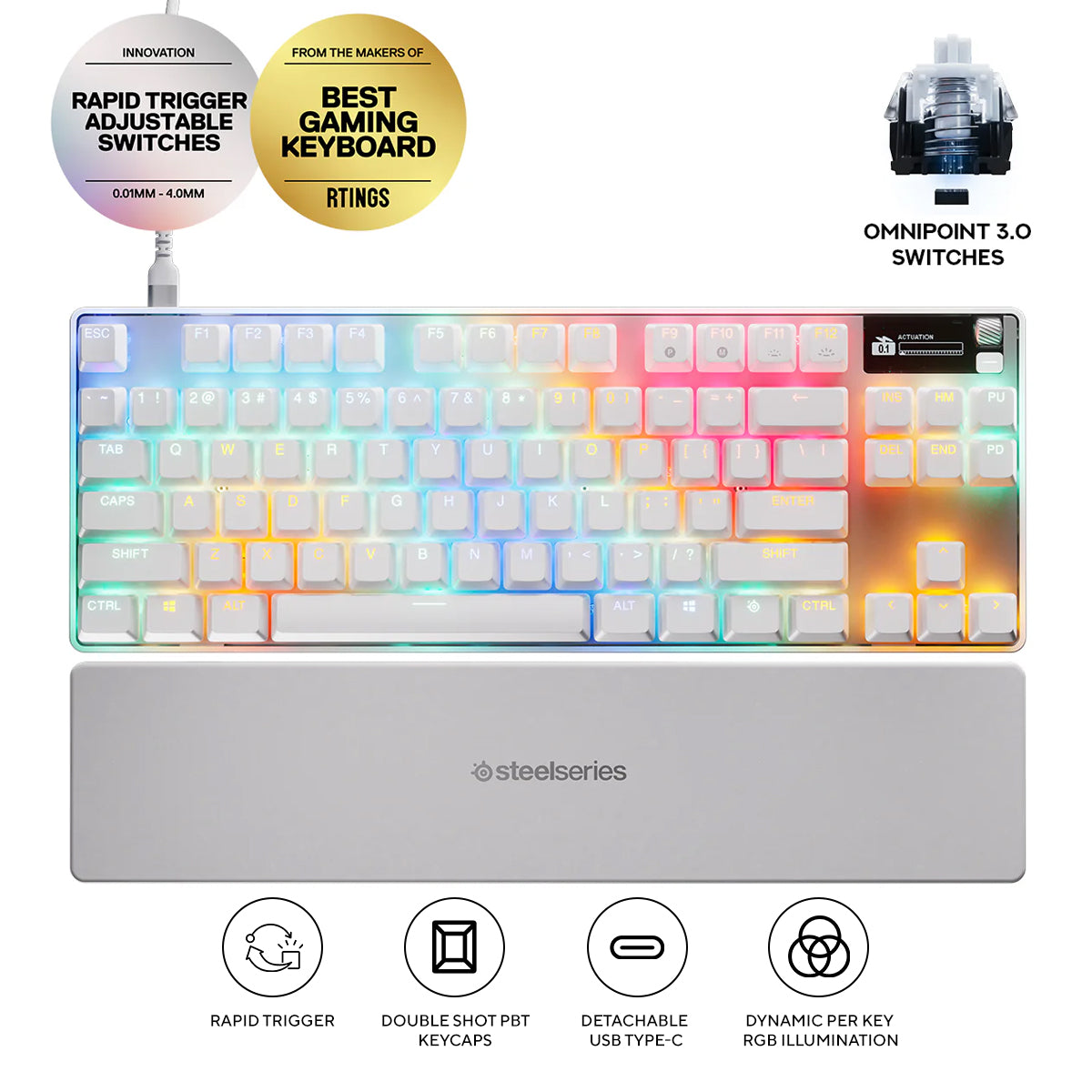 SteelSeries Apex Pro TKL Gen 3 Adjustable Switch Wired Mechanical Gaming Keyboard (Omnipoint 3.0 Switches) (White) (64898)