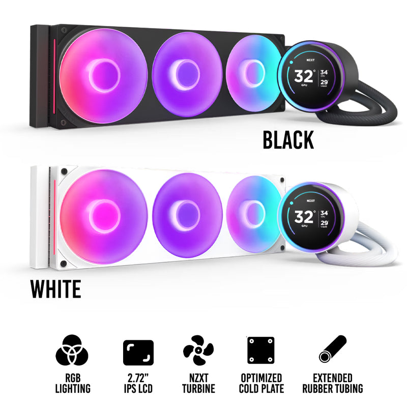 NZXT Kraken Elite 360 RGB 360mm AIO Liquid Cooler with IPS LCD & RGB Core Single-Frame Fan (Black, White) (RL-KR36E-B2, RL-KR36E-W2)