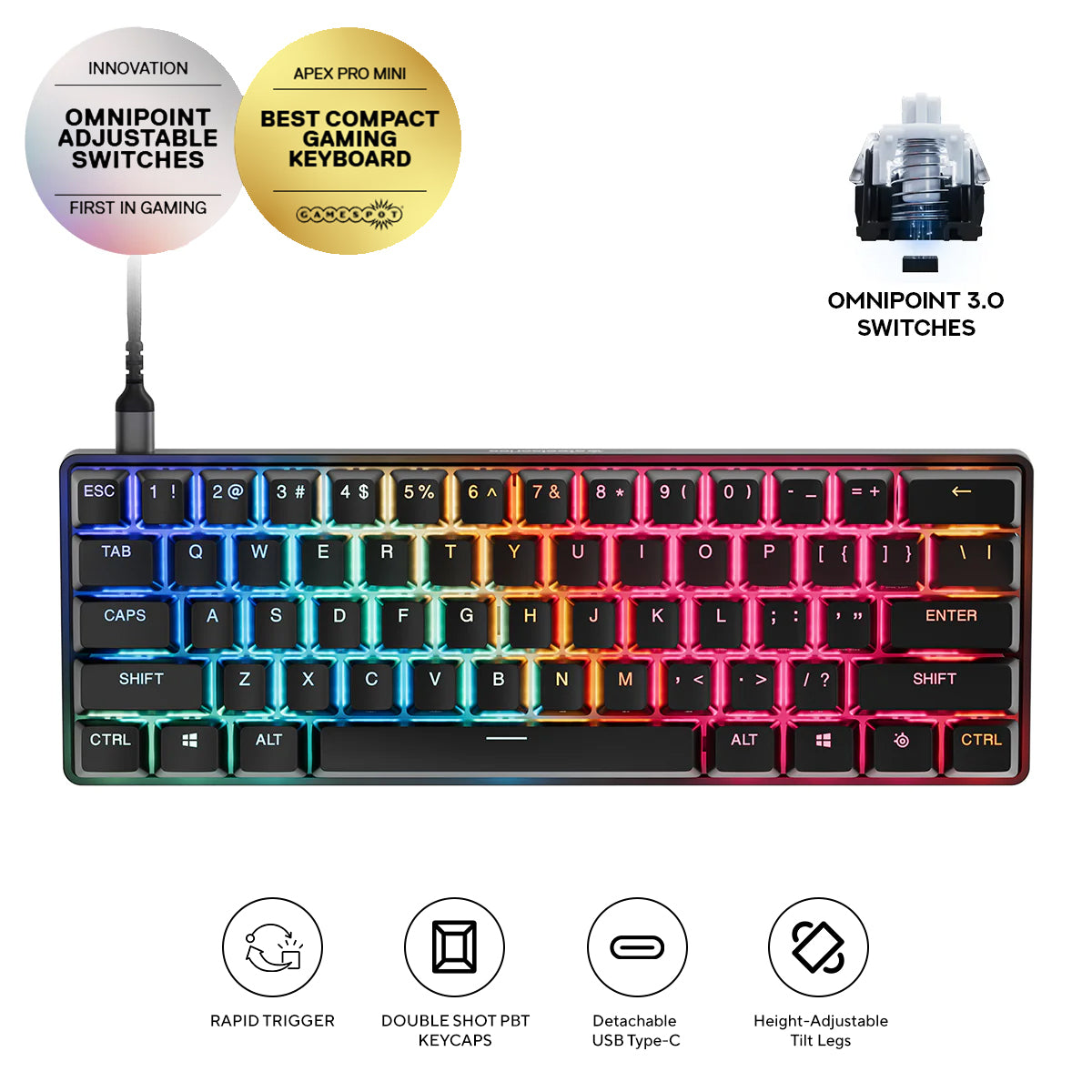 SteelSeries Apex Pro Mini Adjustable Switch Wired Mechanical Gaming Keyboard (Omnipoint 3.0 Switches) (64913)