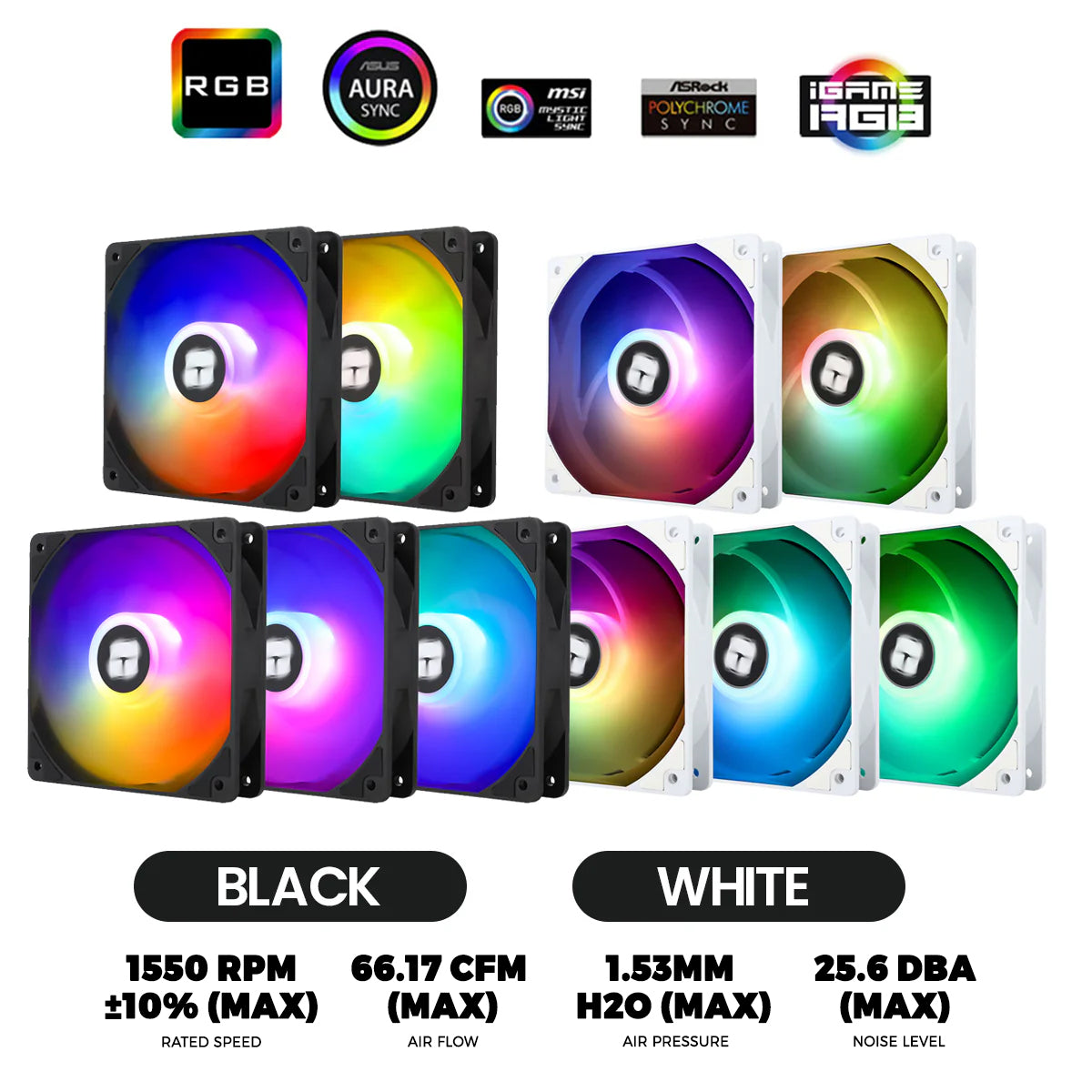 Thermalright TL-C12C-S 120mm PWM ARGB Case Fan - 5-Pack (Black, White)