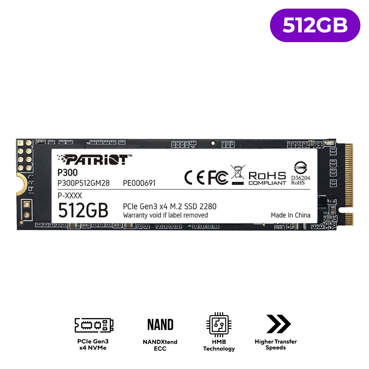 Patriot P300 512GB M.2 2280 PCIe Gen3 x4 SSD with 1700MB/s Read/ 1100MB/s Write (P300P512GM28)