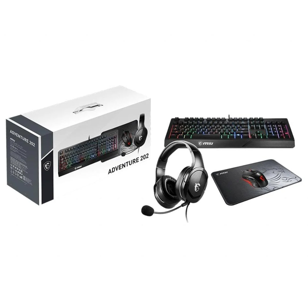 MSI Adventure 202 Combo Set (Vigor GK20 Gaming Keyboard/ Clutch GM08 Gaming Mouse/ Immerse GH20 Gaming Headset/ Agility GD21 Gaming Mouse Pad)