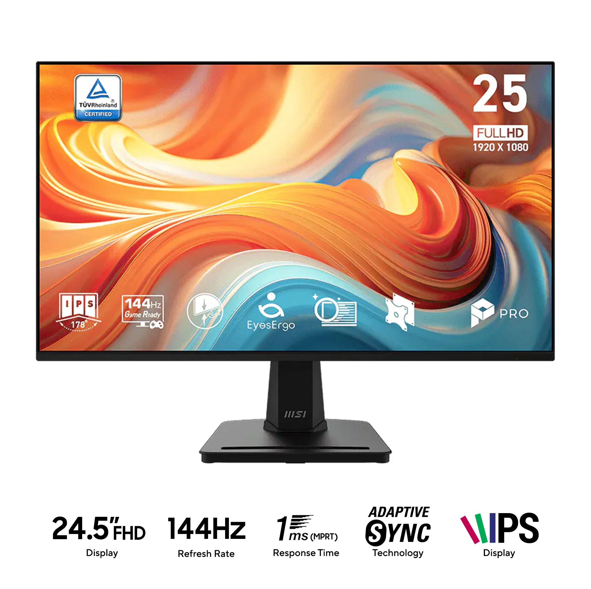 MSI Pro MP251 E14L 24.5" FHD (1920x1080) 144Hz 1ms (MPRT) / 4ms (GtG) IPS Adaptive-Sync Business Productivity Monitor with Tilt Adjustment