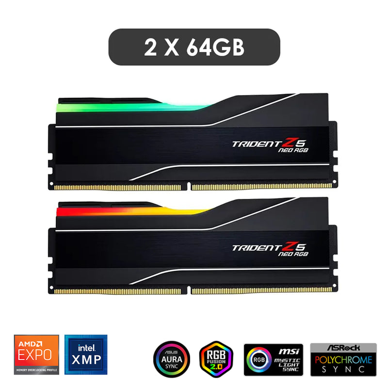 G.Skill Trident Z5 Neo RGB 128GB (2x64GB) DDR5 6000 MT/s CL34-44-44-96 1.35V AMD EXPO Desktop/Intel XMP Memory (Matte Black) (F5-6000J3444F64GX2-TZ5NR)