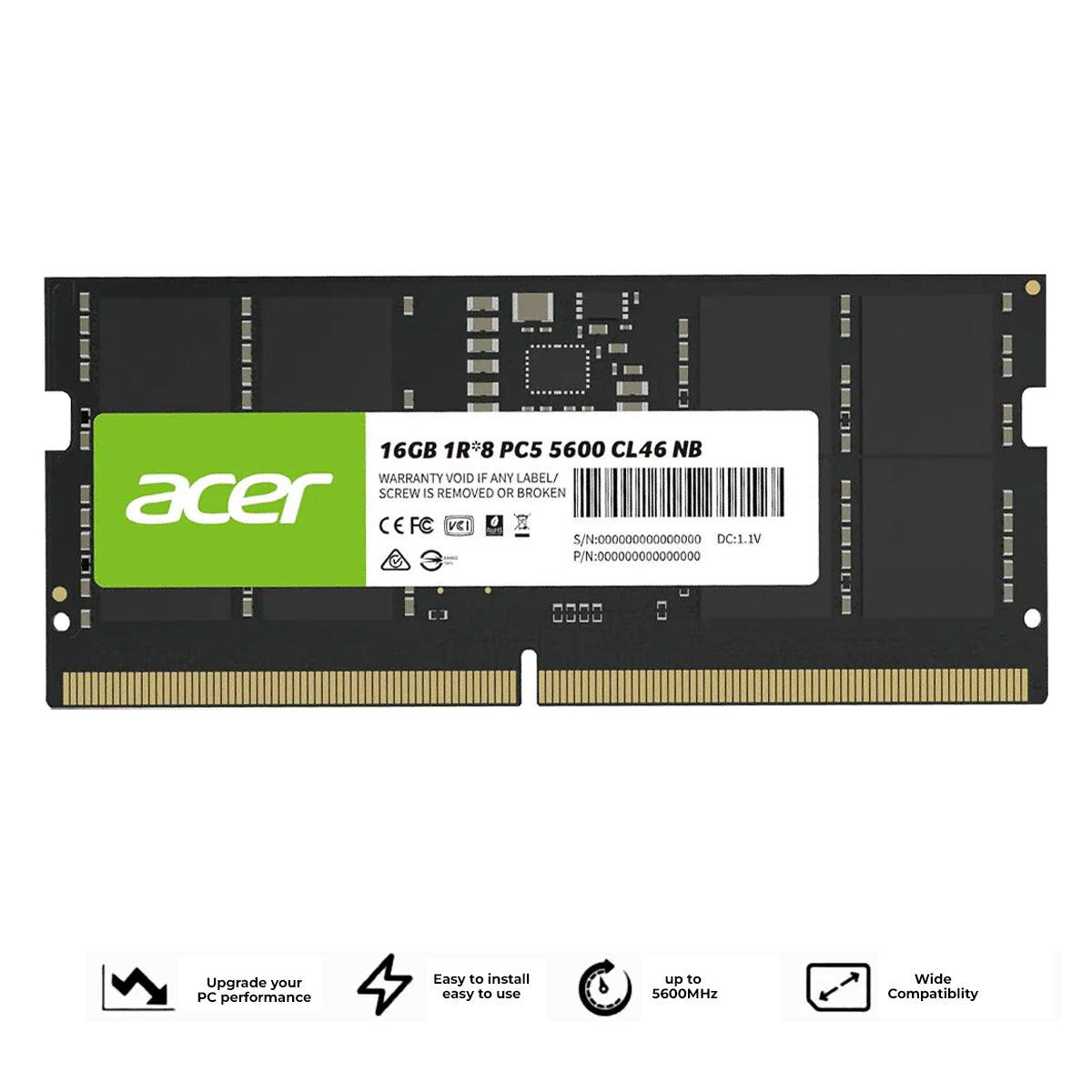 Acer SD200 16GB (1x16GB) 5600MHz CL46 DDR5 SODIMM (BL.9BWWA.414)