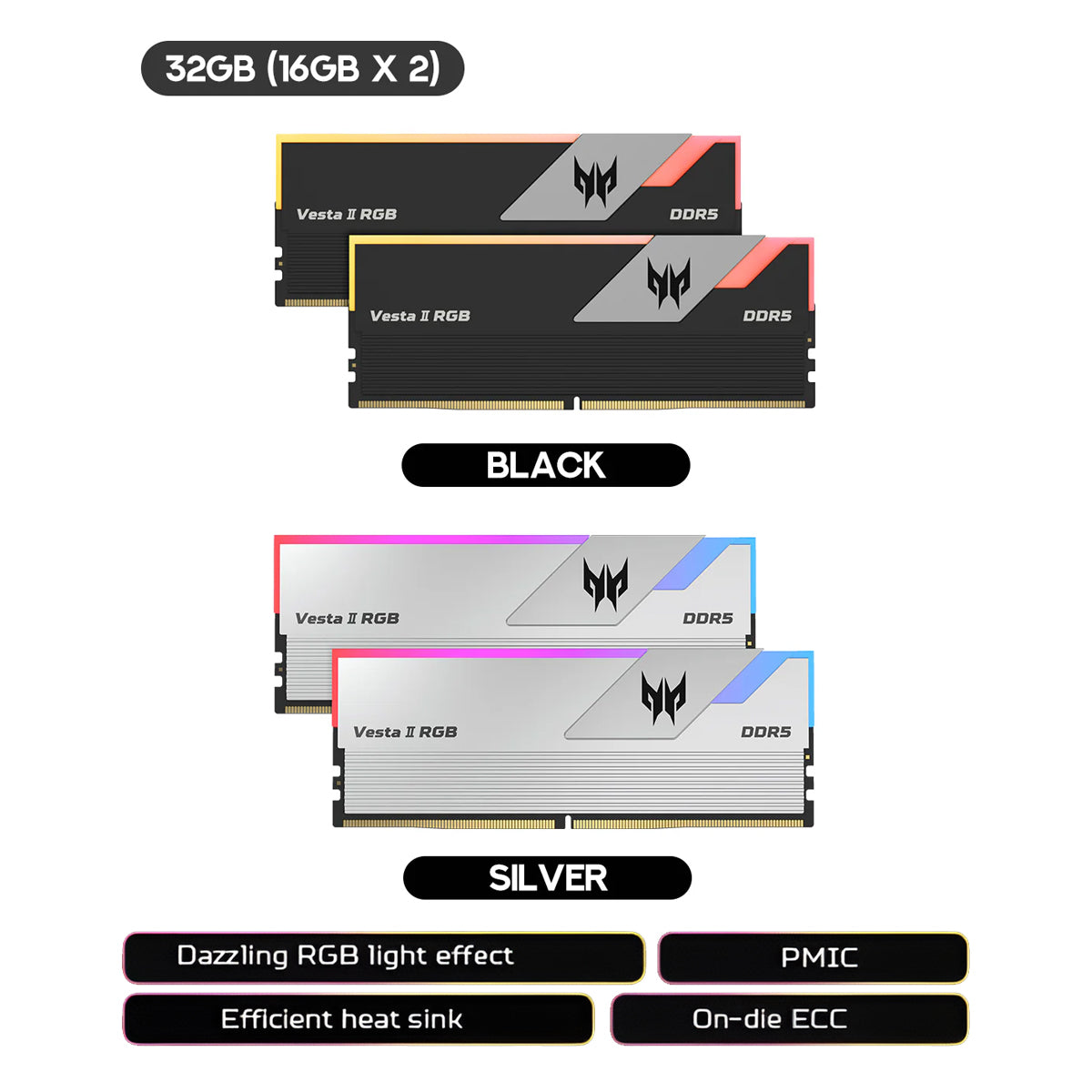 Acer Vesta II 32GB (2x16GB) 6000MHz CL36-45-45-96 AMD EXPO Ready DDR5 UDIMM 