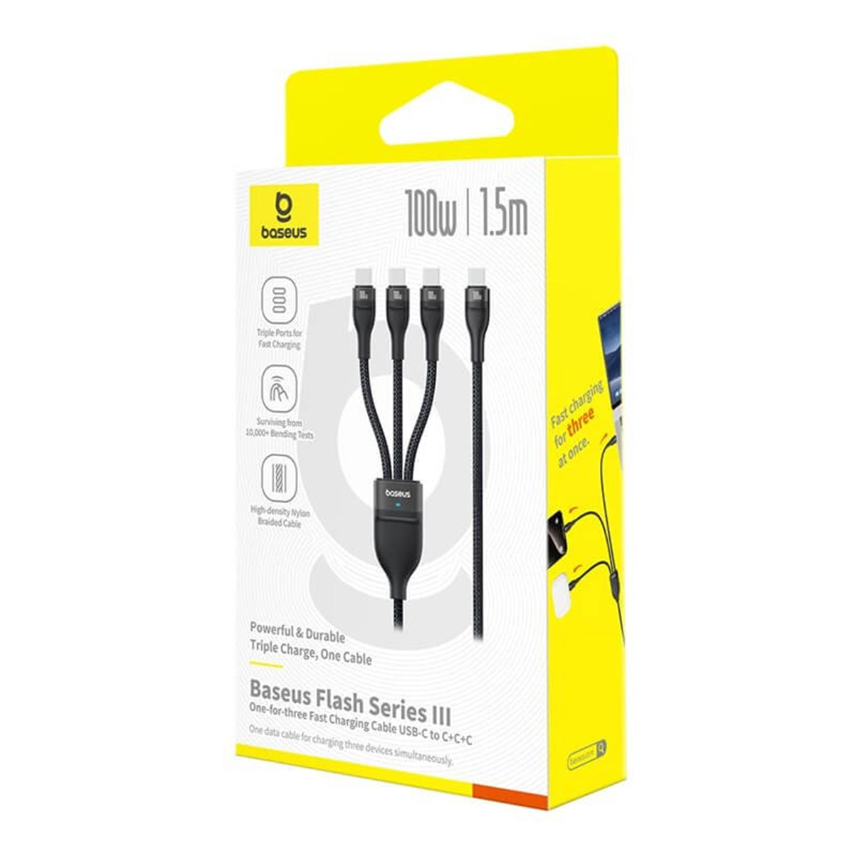 Baseus Flash Series III One-For-Three Fast Charging Cable USB-C to C+C+C 100W 1.5m (Cluster Black)