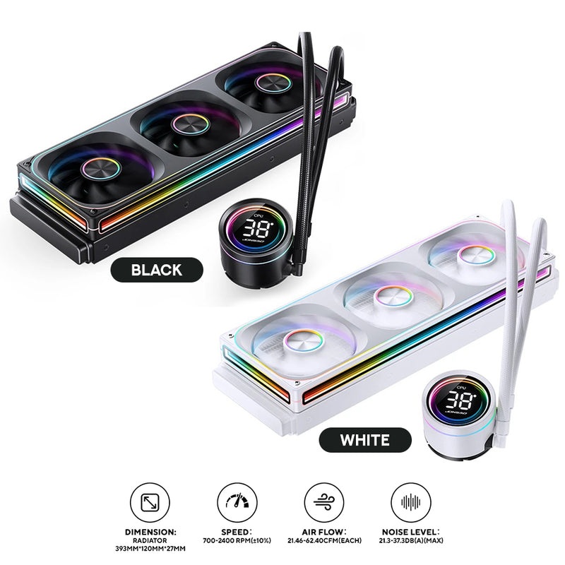 Jonsbo TH-360 ARGB AIO 360mm Liquid CPU Cooler w/ Temperature Display (Black, White)