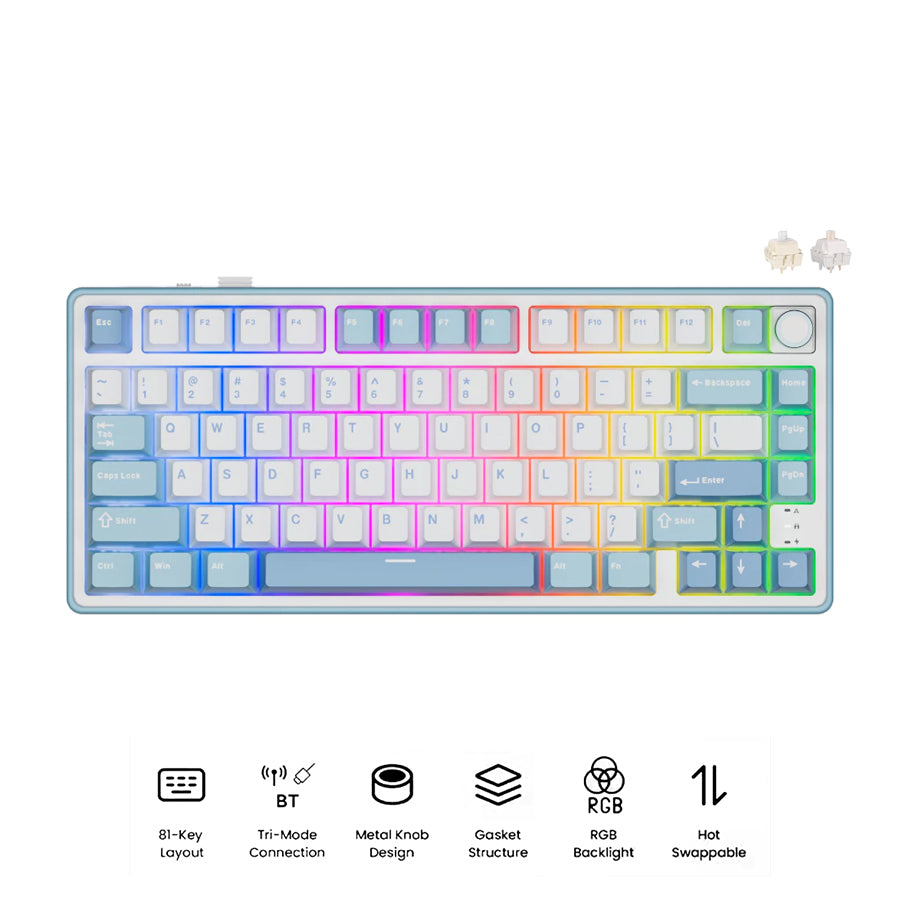 Royal Kludge R75Pro QMK Tri-Mode RGB 80 Keys Hot-Swappable Mechanical Keyboard Rhythm Blue