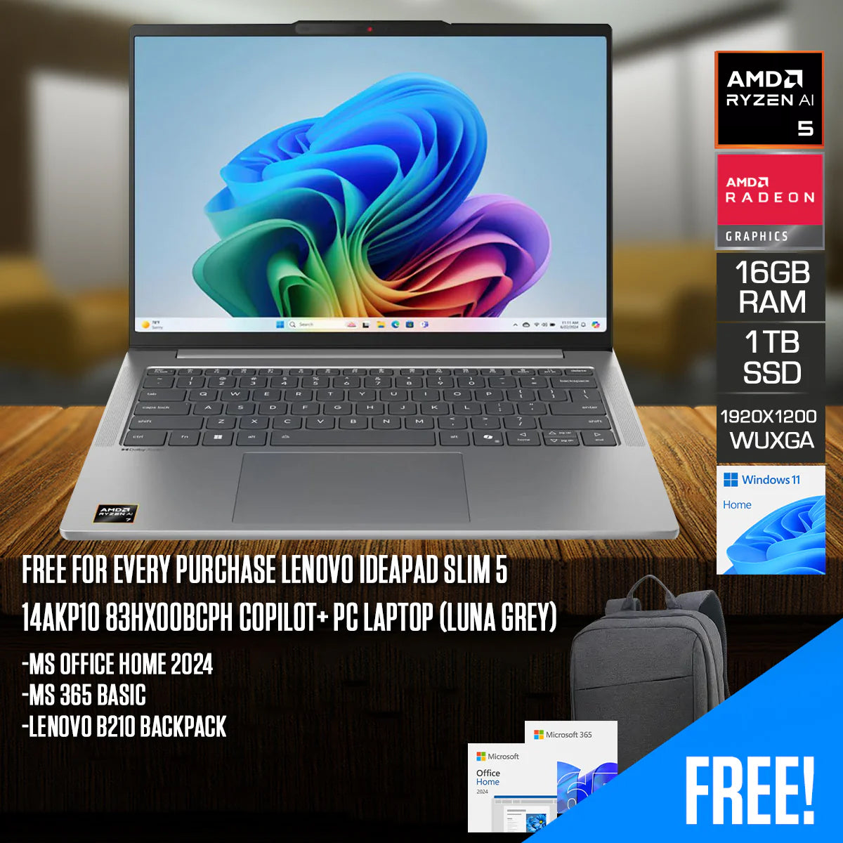 Lenovo IdeaPad Slim 5 14AKP10 83HX00BCPH Copilot+ PC Laptop (Luna Grey) 