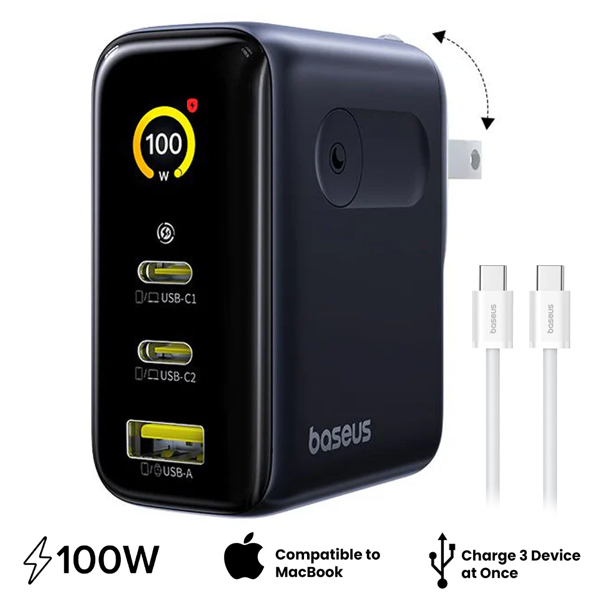 Baseus PicoGo AE21 Digital Display Fast Charger 2C+U 100W includes Mini White Cable Type-C to Type-C 100W 20V/5A 1.5m (Cosmic Black) (E0121C00)