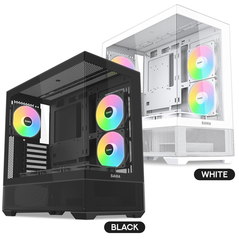 Sama V40 Mid-Tower Dual Tempered Glass Panel PC Case (Black, White)