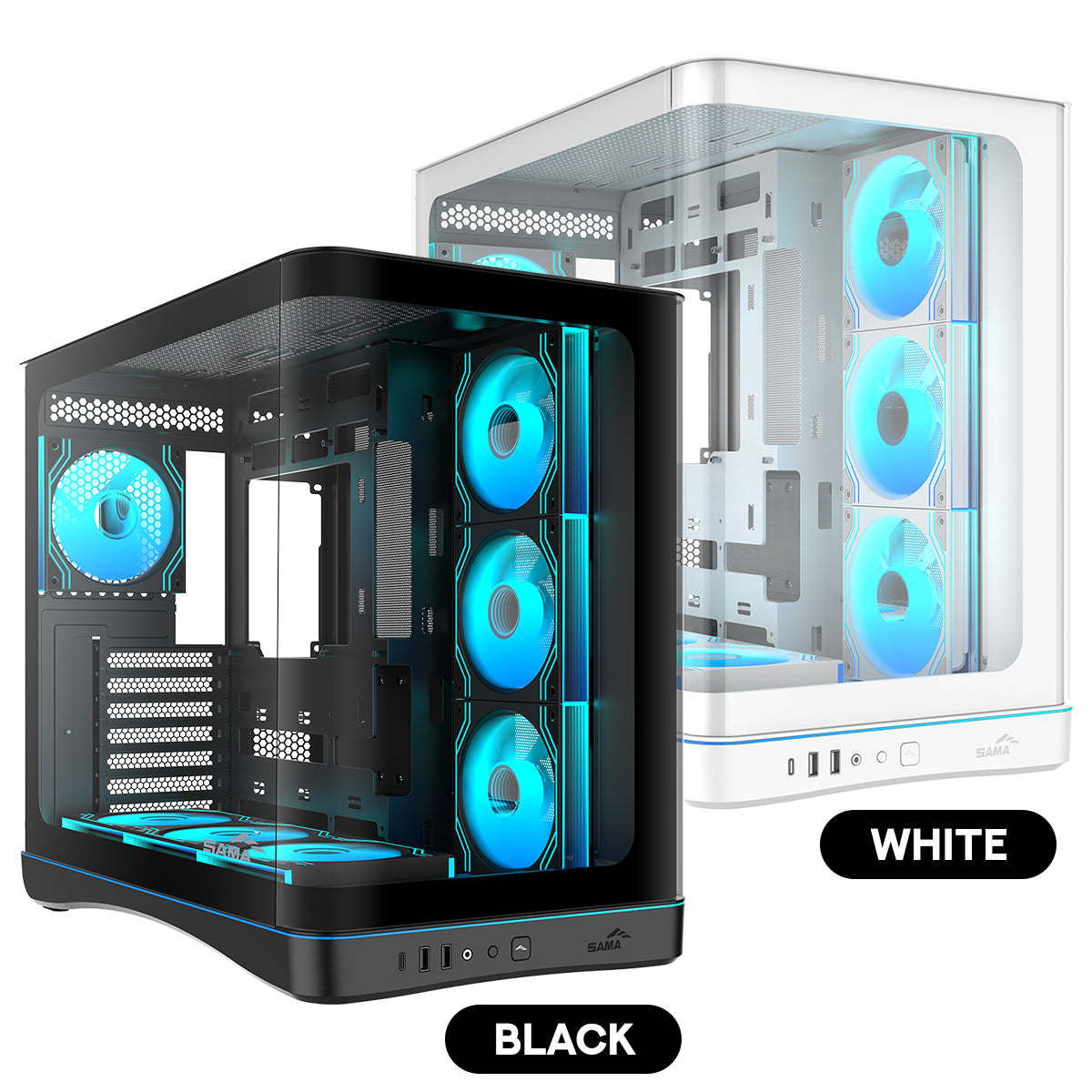 Sama V62 Mid-Tower Curved Panoramic TG Panel PC Case with 7x Pre-Installed ARGB Infinity Fans (Black, White) (V62-BKADA7X1-GL, V62-WHADA7X1-GL)