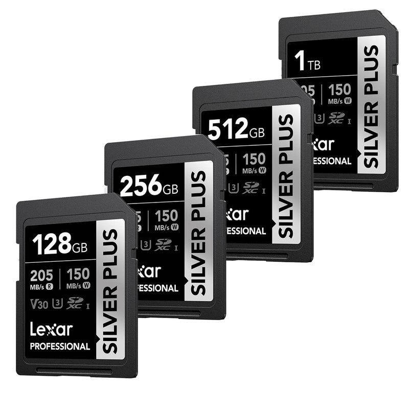 Lexar Professional SILVER PLUS SDXC UHS-I C10 U3 V30 205MB/s Read 150MB/s Write SD Card (128GB, 256GB, 512GB, 1TB)