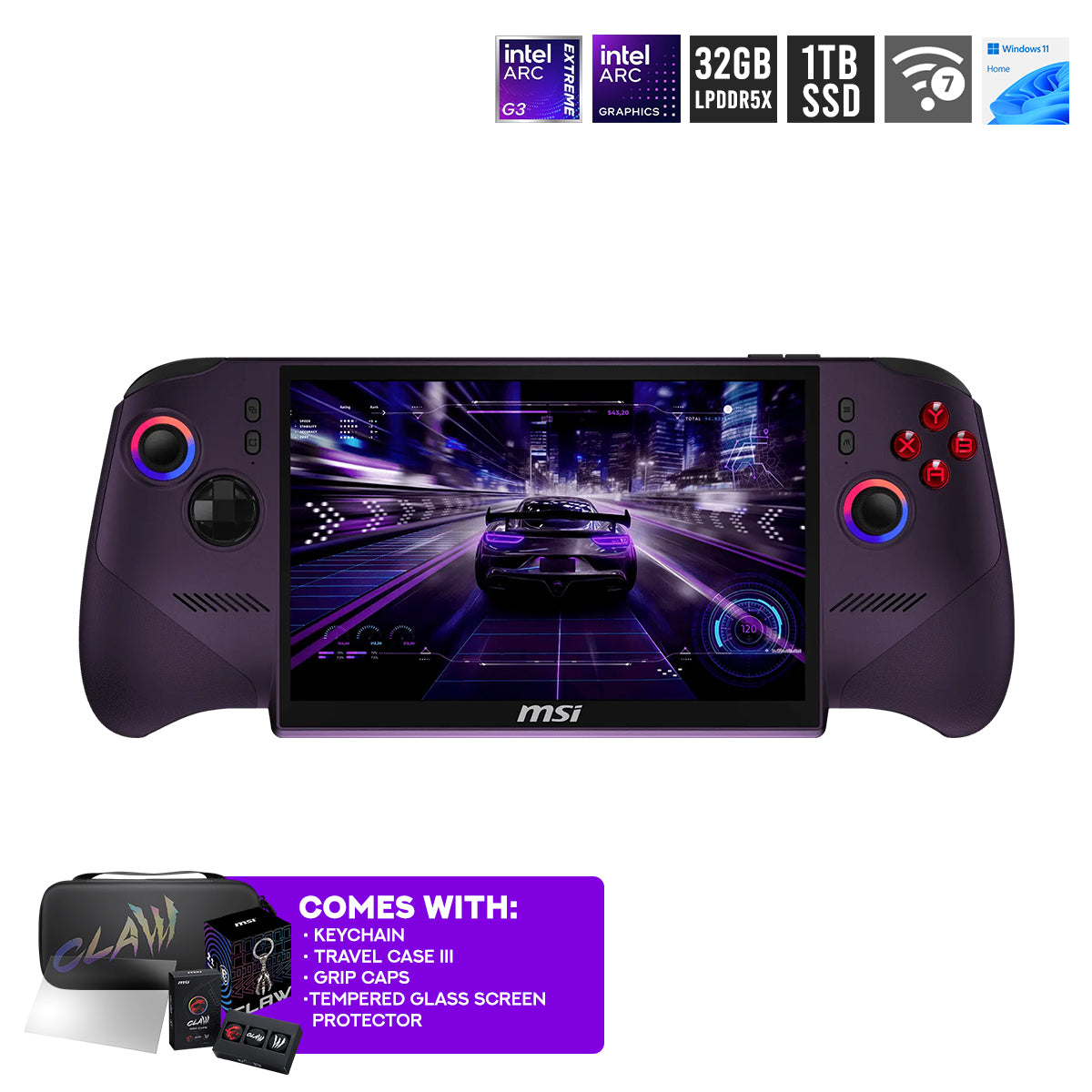 MSI Claw 8 EX AI+ CG3EM-025PH Launch Pack Handheld Gaming PC (Void Purple) | 8" FHD+ (1920x1200) 120Hz IPS Touch Display | Intel Arc G3 Extreme | 32GB RAM | 1TB SSD | Intel Arc Graphics | Win 11 Home | Keychain + Travel Case III+ Grip Caps+ Tempered Glass