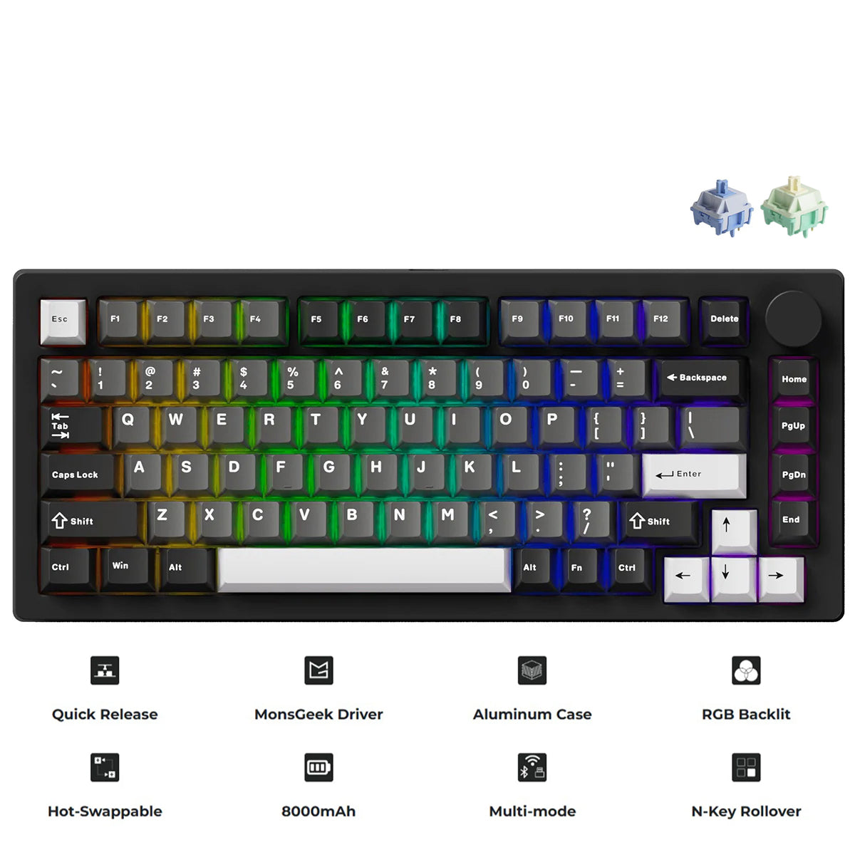 MonsGeek M1 V5 Black & Silver Aluminum Case Multi-Mode RGB Hot-Swappable Mechanical Keyboard (Akko Mirror Switch, Akko Cilantro Switch)