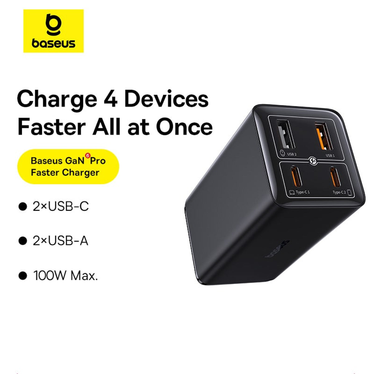 Baseus GaN6 Pro Fast Charger 2C+2U 100W (Cluster Black) (P10162704113-00)