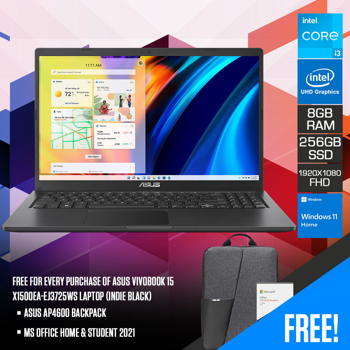 Asus Vivobook 15 X1500EA-EJ3725WS Laptop (Indie Black) | 15.6" FHD (1920 X 1080) | i3-1115G4 | 8GB RAM | 256GB SSD | Intel UHD Graphics | Windows 11 Home | MS Office Home & Student 2021 | Asus AP4600 Backpack