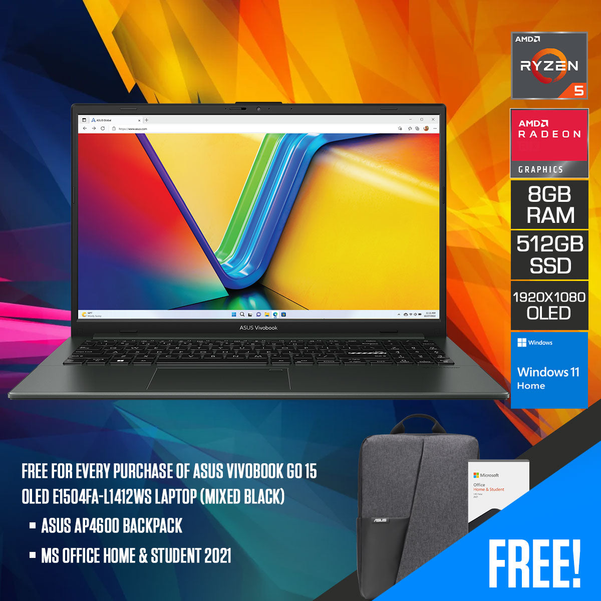 Asus Vivobook Go 15 OLED E1504FA-L1412WS Laptop (Mixed Black)