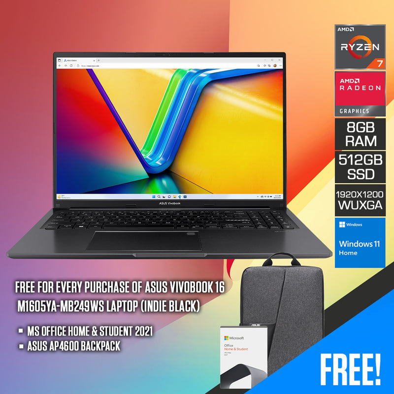 Asus Vivobook 16 M1605YA-MB249WS Laptop (Indie Black) | 16" WUXGA (1920 x 1200) | Ryzen™ 7 7730U | 8 GB RAM | 512 GB SSD | AMD Radeon™ Graphics | Windows 11 Home | MS Office Home & Student 2021 | Asus AP4600 Backpack