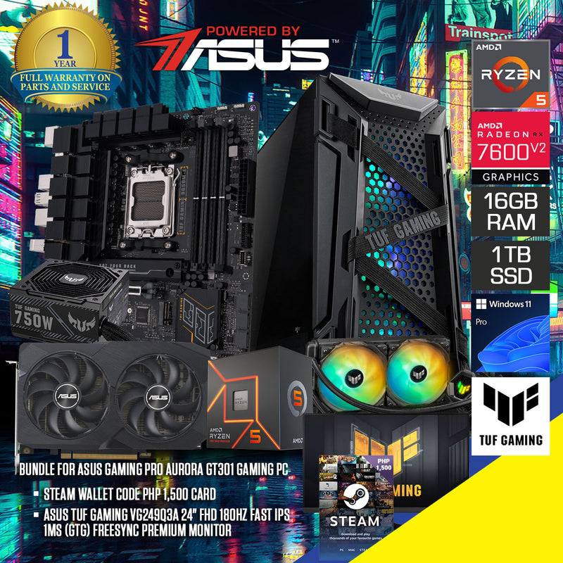 Asus Gaming Pro Aurora GT301 Gaming PC | AMD RYZEN 5 7500F | 16GB RAM | 1TB SSD | RX 7600 | Windows 11 Pro | Steam Wallet Code PHP 1,500 Card Bundle