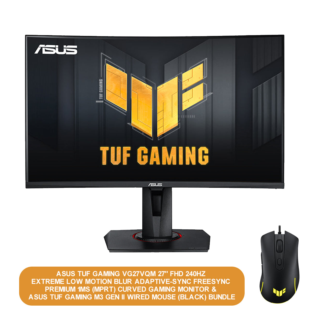 Asus TUF Gaming VG27VQM 27" FHD 240HZ Extreme Low Motion Blur Adaptive-Sync Freesync Premium 1MS (MPRT) Curved Gaming Monitor | Asus TUF Gaming M3 GEN II Wired Mouse (Black) Bundle