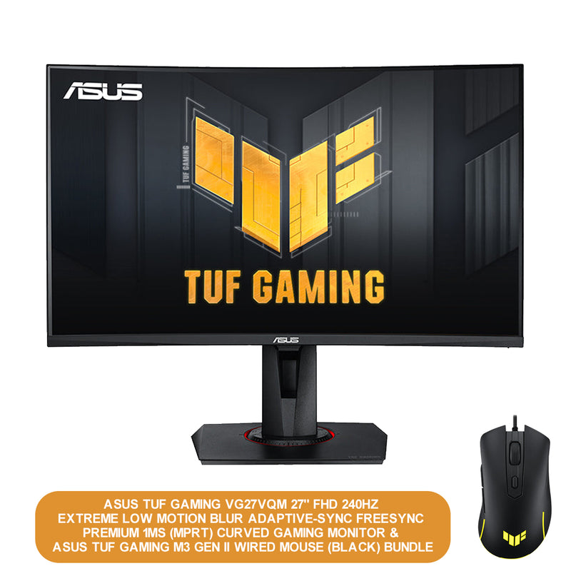 Asus TUF Gaming VG27VQM 27" FHD 240HZ Extreme Low Motion Blur Adaptive-Sync Freesync Premium 1MS (MPRT) Curved Gaming Monitor | Asus TUF Gaming M3 GEN II Wired Mouse (Black) Bundle