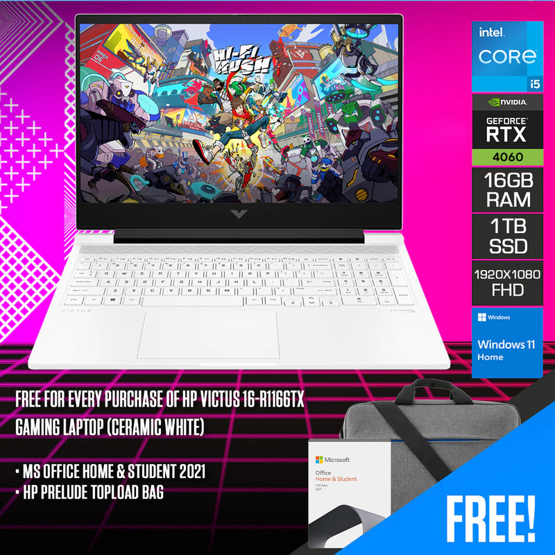 HP Victus 16-R1166TX Gaming Laptop (Ceramic White) | 16.1" FHD (1920x1080) 144Hz IPS | i5-14450HX | 16GB RAM | 1TB SSD | RTX 4060 | Windows 11 Home | MS Office Home & Student 2021 | HP Prelude Topload Bag