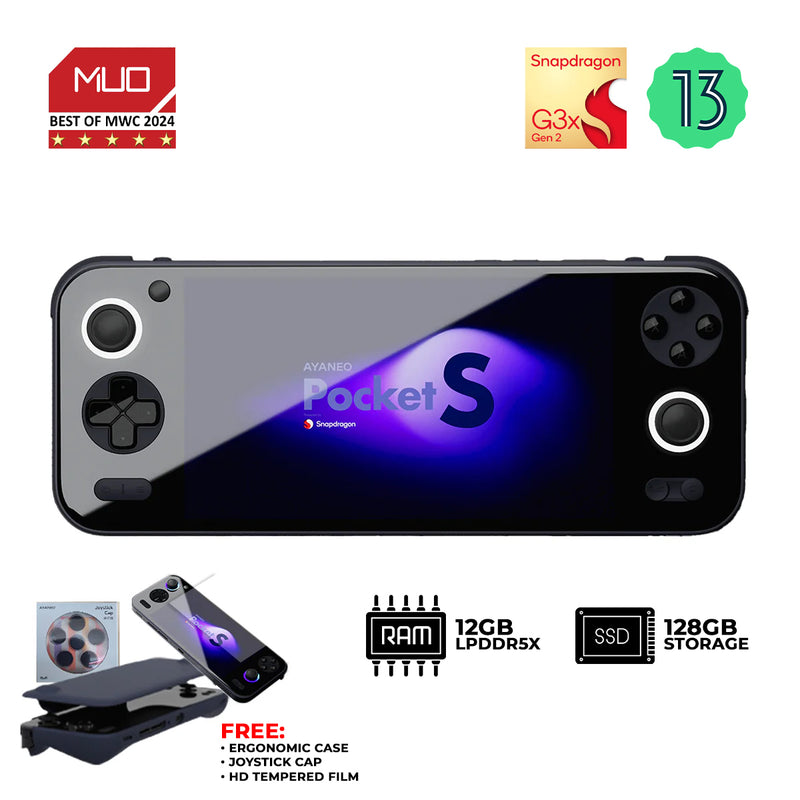 Ayaneo Pocket S Qualcomm Snapdragon G3x Gen2 12GB+128GB With MicroSD Port 6" 1080P Borderless IPS Mirror Screen Android Handheld Gaming Console (Obsidian Black)+Ayaneo Pocket S Ergonomic Case+Ayaneo Pocket S Joystick Cap+Ayaneo Pocket S HD Tempered Film