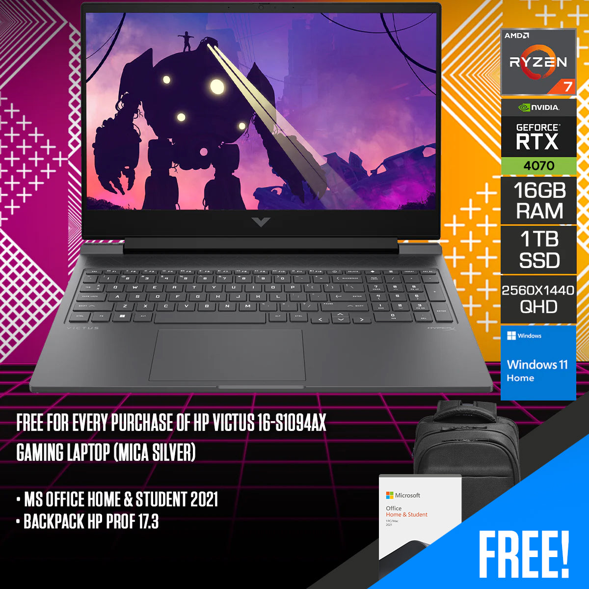 HP Victus 16-S1094AX Gaming Laptop (Mica Silver) | 16.1" QHD (2560x1440) 165Hz IPS | Ryzen 7 8845HS | 16GB RAM | 1TB SSD | RTX 4070 | Windows 11 Home | MS Office Home & Student 2021 | Backpack HP Prof 17.3