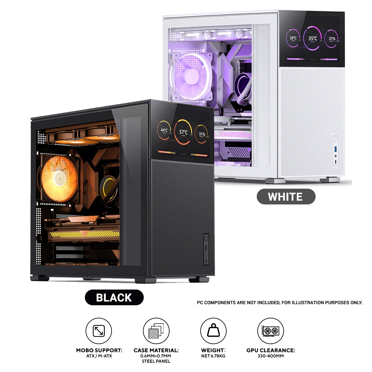 Jonsbo D41 Mesh ATX Computer Case (Black, White) + Jonsbo DS8 8" Display Secondary Screen (Black, White)