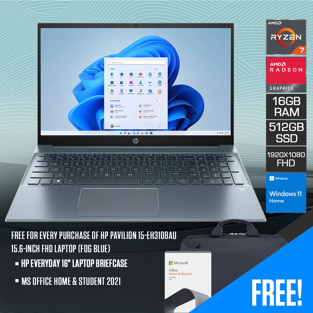 HP Pavilion 15-EH3108AU Laptop (Fog Blue) | 15.6” FHD (1920x1080) | Ryzen 7 7730U | 16GB RAM | 512GB SSD | AMD Radeon Graphics | Windows 11 Home | MS Office Home & Student 2021 | HP Everyday 16" Laptop Briefcase