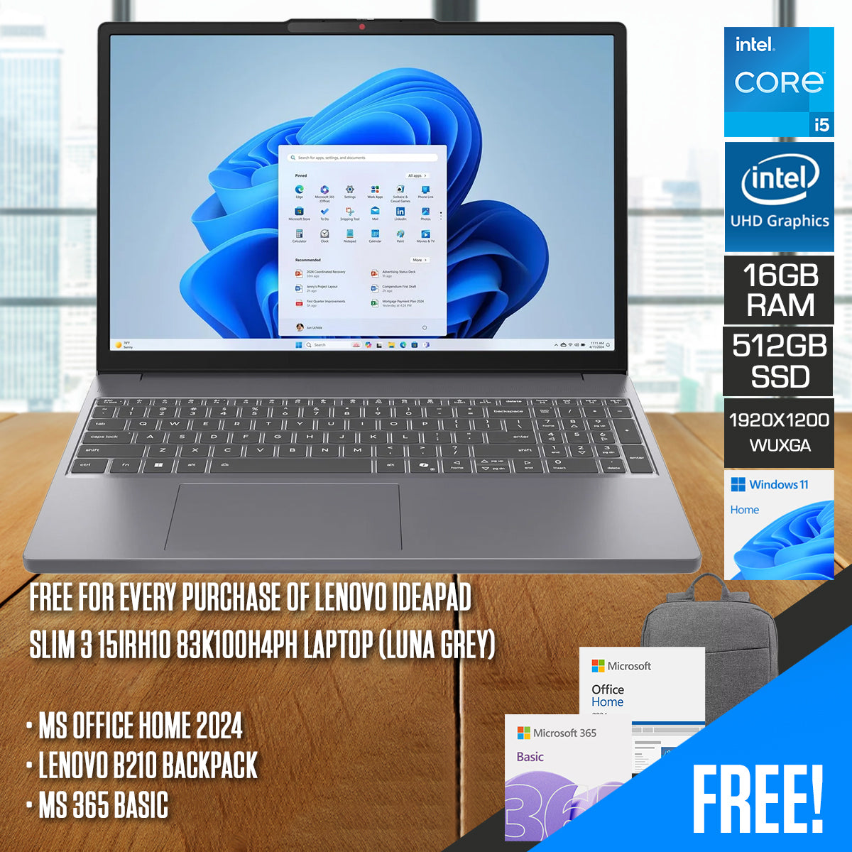 Lenovo IdeaPad Slim 3 15IRH10 83K100H4PH Laptop (Luna Grey) | 15.3" WUXGA (1920x1200) IPS | Core i5-13420H | 16GB RAM | 512GB SSD | Intel UHD Graphics | Windows 11 Home | MS Office Home 2024 + MS 365 Basic + Lenovo B210 Backpack
